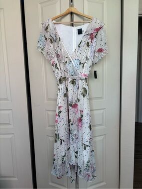 Gabby Skye White Floral Wrap Midi Dress with Pink & Blue Blooms
